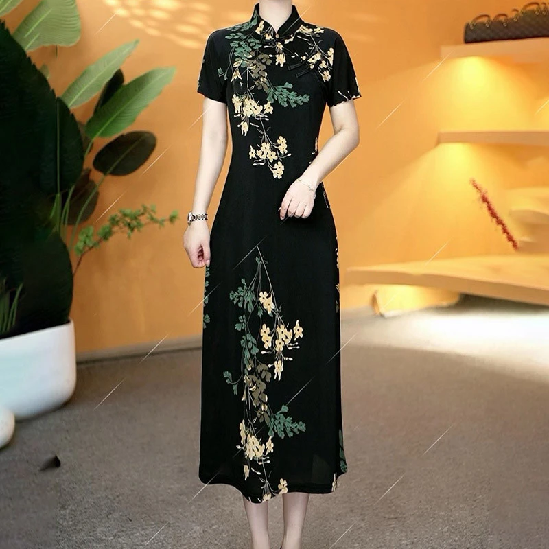 夏季新款裙子气质斜门襟新中式弹力丝缎短袖旗袍裙连衣裙妈妈装