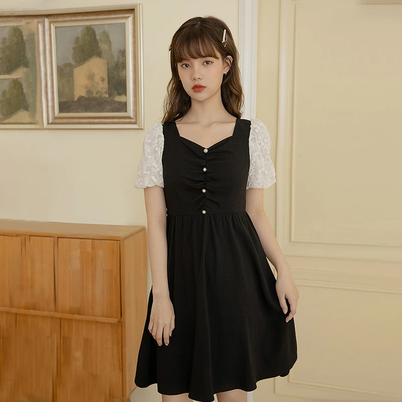 【双12提前购】茵曼夏季梨涡复古赫本风连衣裙收腰法式气质小黑裙