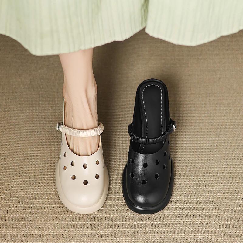 6cm/牛皮/包头软底夏季百搭玛丽珍厚底时尚洞洞复古半拖女