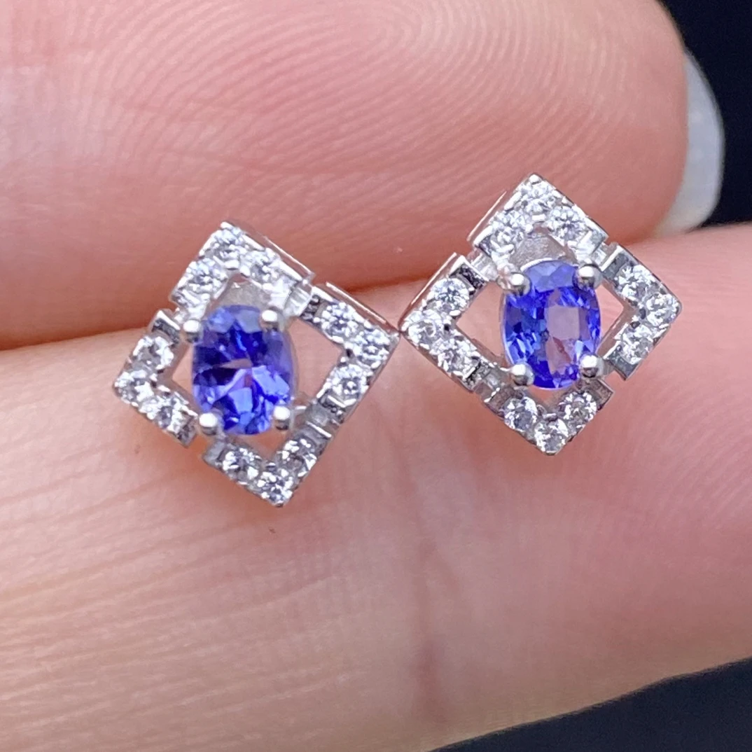天然坦桑石耳钉s925银主石3*4mm高级轻奢精致小巧气质时尚百搭Y2