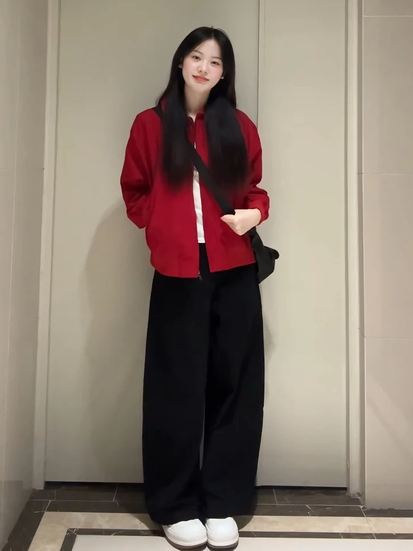 2025秋季新款韩系通勤穿搭气质红色外套上衣休闲阔腿裤时尚两件套