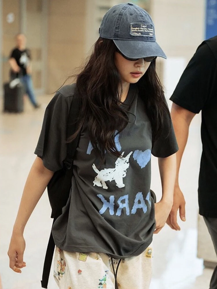 【仅支持48小时退换】low classic李智恩IU同款涂鸦小狗印花宽松T恤