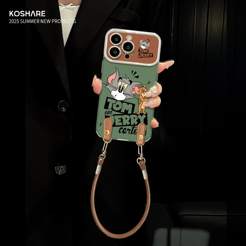 猫和老鼠适用苹果15华为vivo/oppo小米iPhone16大视窗羊皮手机壳