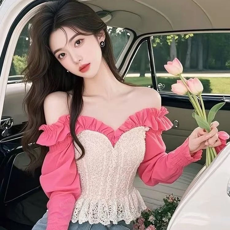 设计感玫粉色拼接蕾丝一字肩衬衫2025女春新款御姐风情万种的上衣