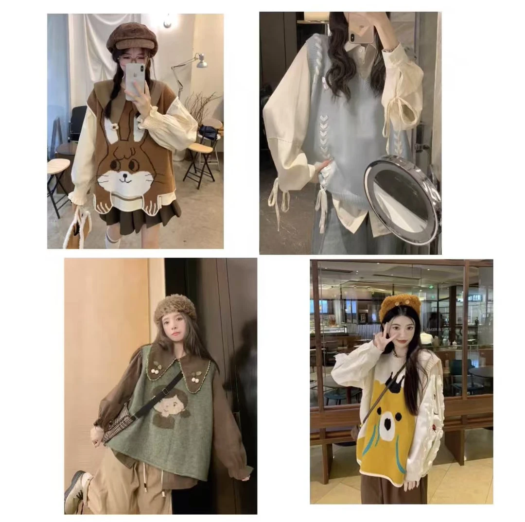 001-100秋季中长款宽松型厚款女圆领马夹套装韩版慵懒风秋冬休闲