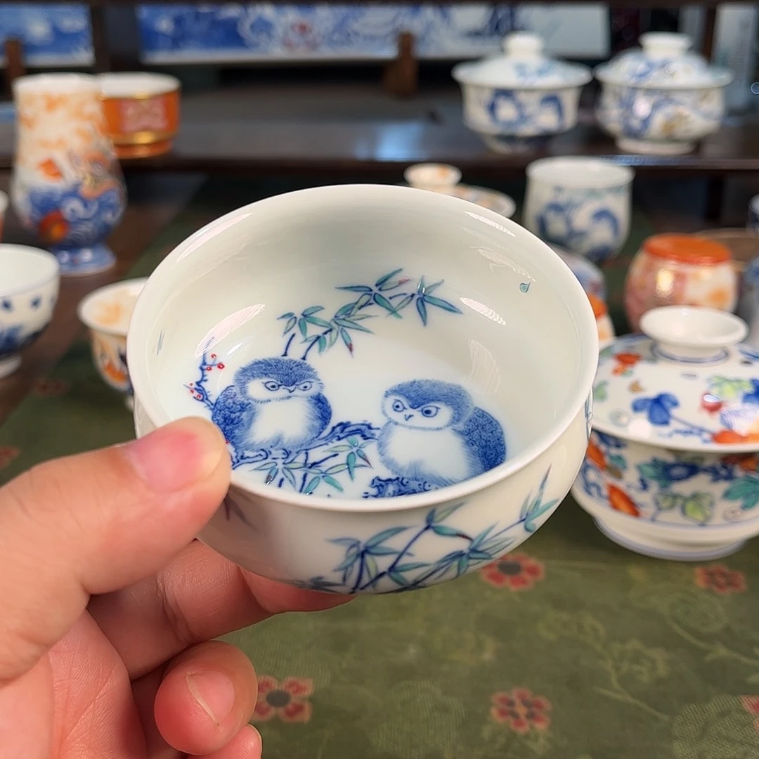 斗彩肥啾啾猫头鹰矮炉杯