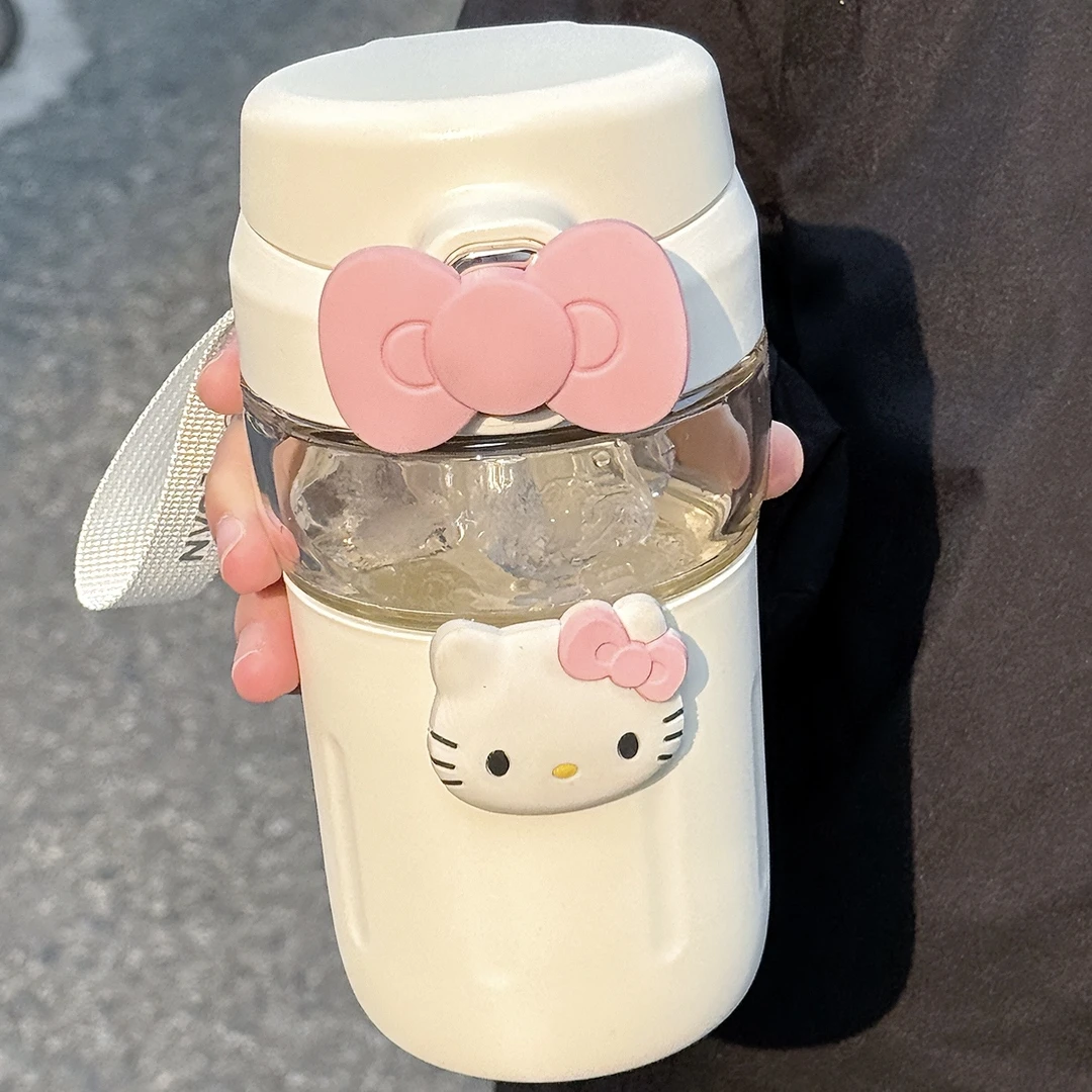 kitty蝴蝶结玻璃杯高颜值水杯手提便携彩色杯可爱少女耐高温泡茶