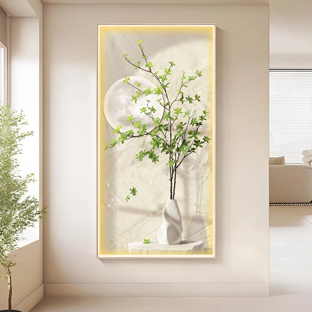 幻彩带灯奶油风绿植入户玄关装饰画现代轻奢家装走廊过道背景挂画