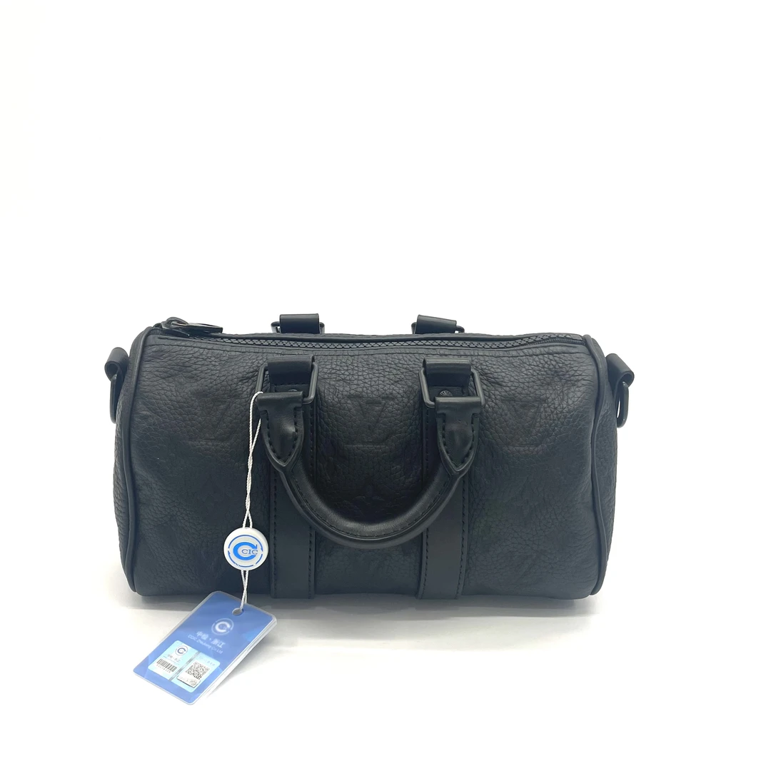 95新 LV 98新 路易威登 keepall25黑色牛皮老花手提单肩包 芯片款