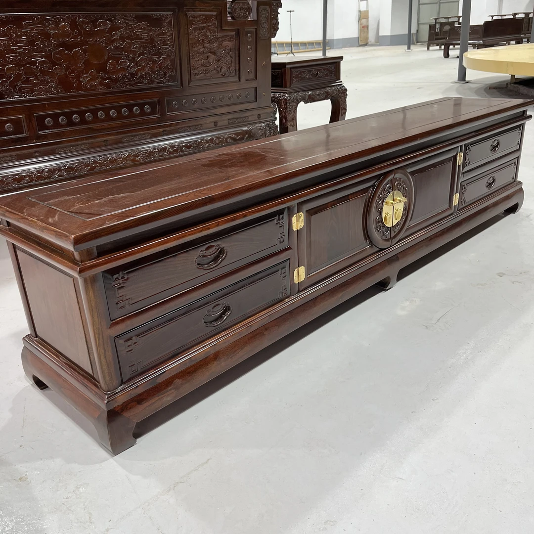 老榆木团员电视柜明清款客厅家用雕花别墅古典新中式轻奢禅意成套