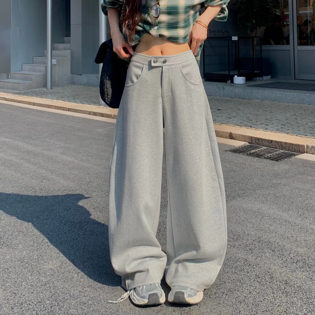 3MER 韩系打褶镰刀休闲裤女秋季宽松卫裤松弛阔腿弯刀裤子