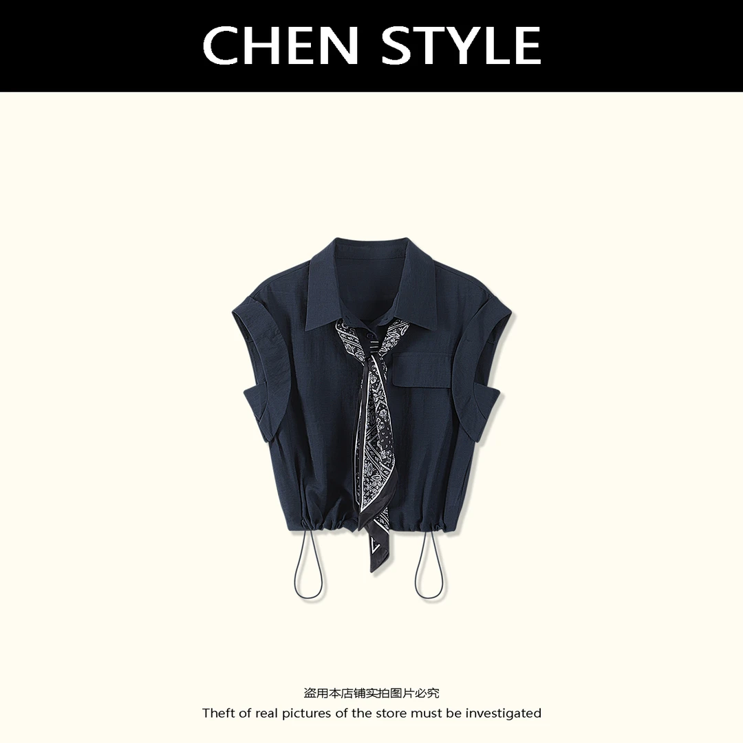 楚楚君【莱赛尔衬衫】夏款POLO领设计丝巾无袖衬衫C21235