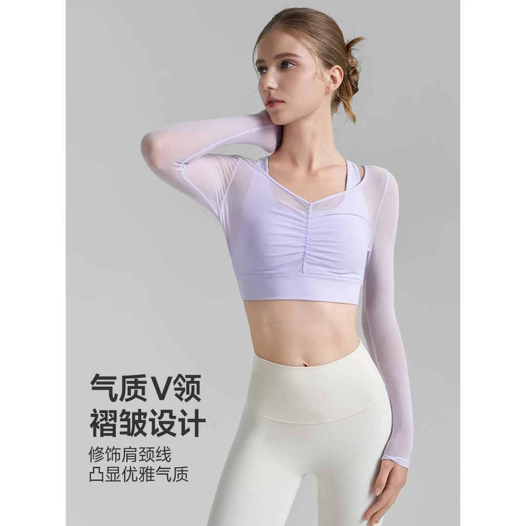 C.CYA假两件网纱透气瑜伽服T恤半固定杯健身背心裸感美背褶皱瑜伽
