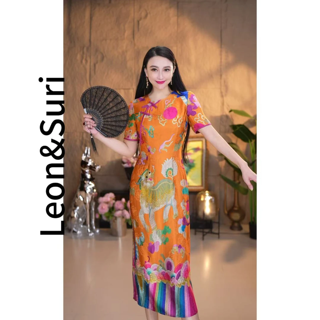 Leon&Suri “麒麟报喜”鸿运当头新款原创祥云瑞兽高端香云纱旗袍