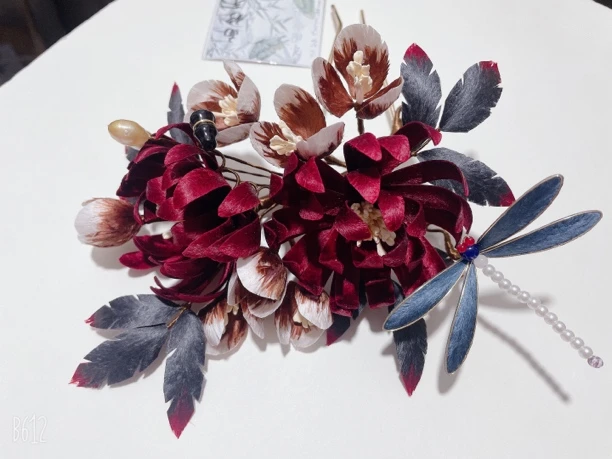 手工绒花蜻蜓绒花款酒红色菊花款纯手工头饰古风复古明制发簪簪子