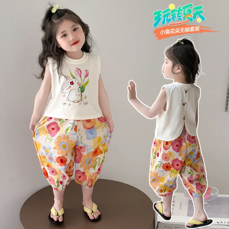 女童无袖套装洋气儿童夏季新款女宝宝碎花防蚊裤两件套小女孩时髦