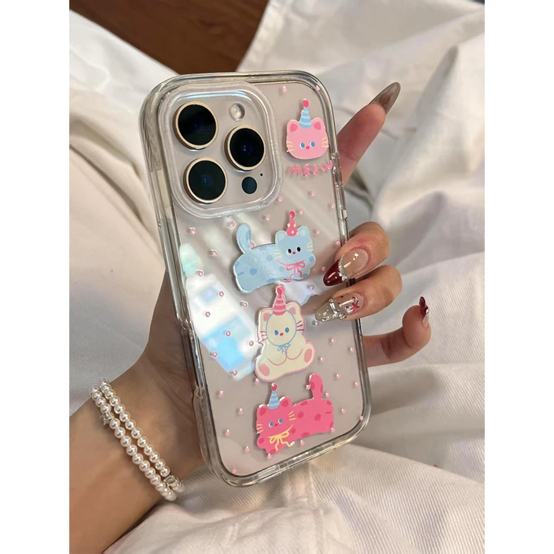 奥菲顿粉波点三色小猫适用iPhone16高透手机壳华为vivo小米oppo套