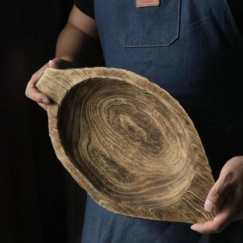 实木果盘果篓早餐面包盘树纹明显做旧复古风格民宿摆件收纳盘