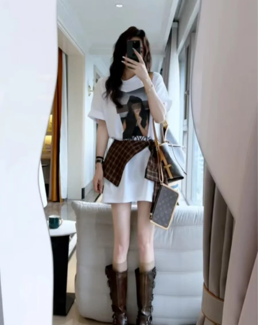 气质休闲套装性感风格子显瘦可腰封包臀美人印花T裙格纹洋气套装