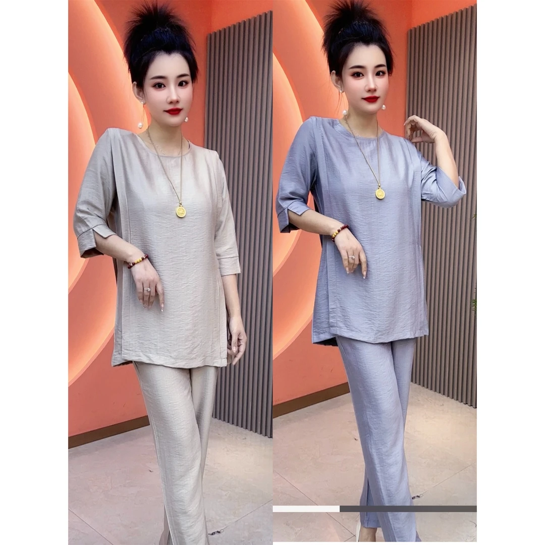 1001女士春夏两件套五分袖上衣T恤裤子高端定制款套装（带垫肩）