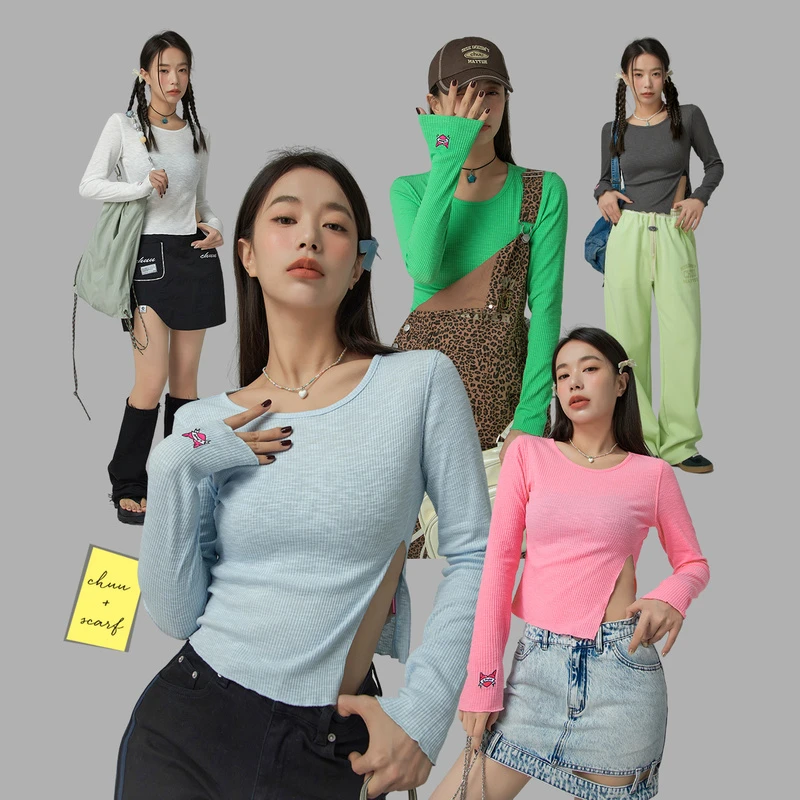 【毛毛专属】CHUU小狐狸开衩修身长袖打底短款T恤-F