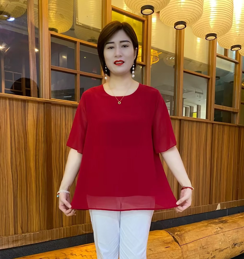 夏季短袖圆领宽松大码纯色百搭显瘦中年妈妈装雪纺洋气小衫