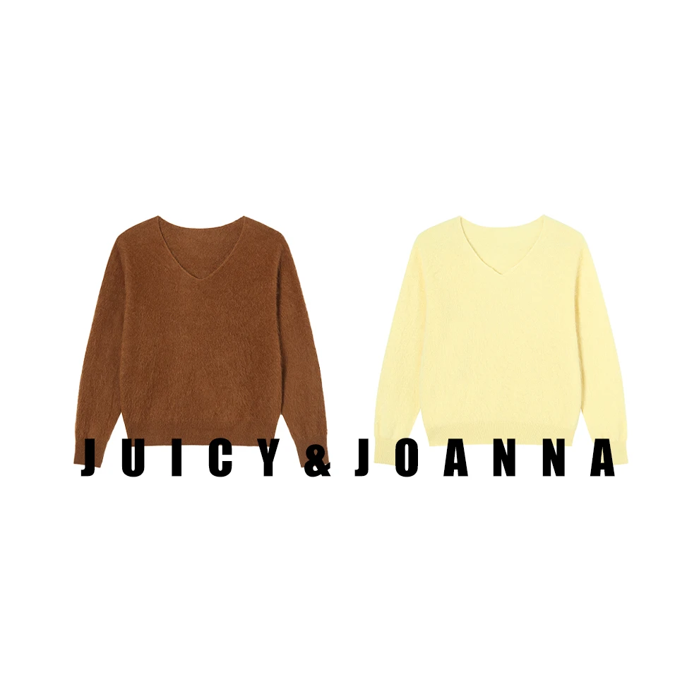 JUICY&JOANNA/橘子樱桃老钱风羊毛拉毛V领套头针织衫