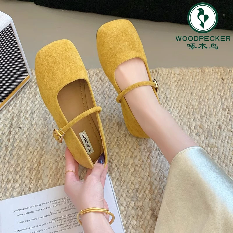 啄木鸟软底绒面浅口单鞋女2025年春夏新款法式玛丽珍鞋勃肯豆豆鞋