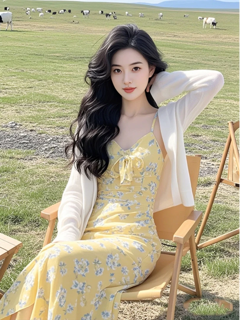 2025春夏新款海边度假多巴胺穿搭针织开衫碎花吊带裙显瘦两件套女