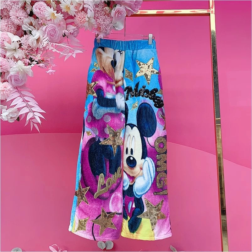 X22094泰国潮牌设计师2025春夏新款刺绣亮片字母卡通毛绒休闲裤女