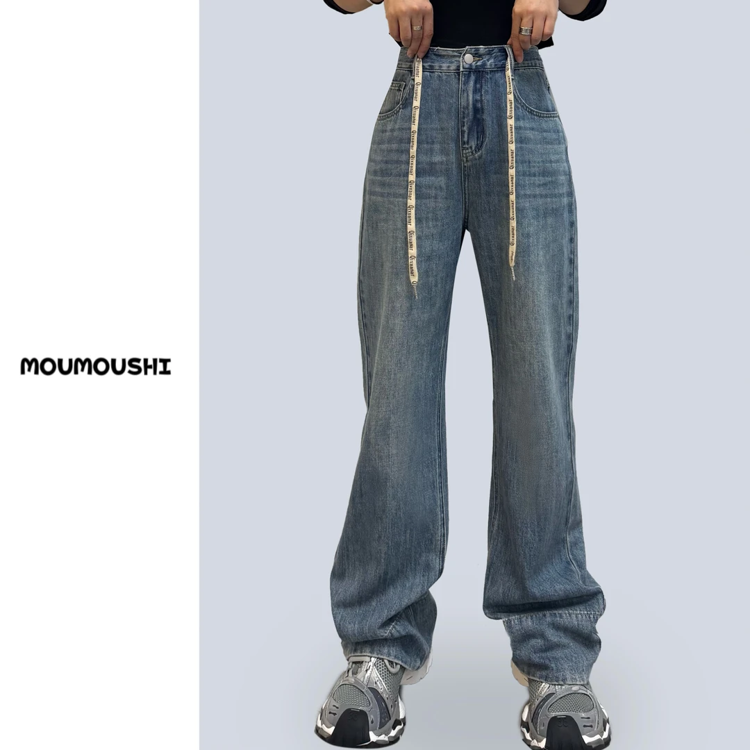 8001春季新款抽绳设计师款百搭高腰水洗牛仔裤