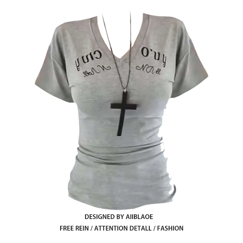 美式辣妹字母印花v领正肩短袖T恤夏季设计感修身显瘦气质灰色上衣