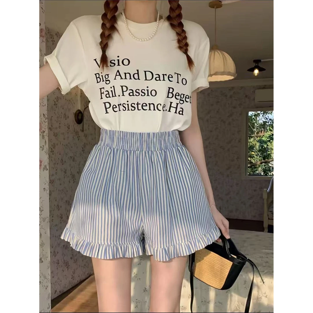 蓝色竖条纹休闲短裤款韩版设计感小众小个子裤子ins