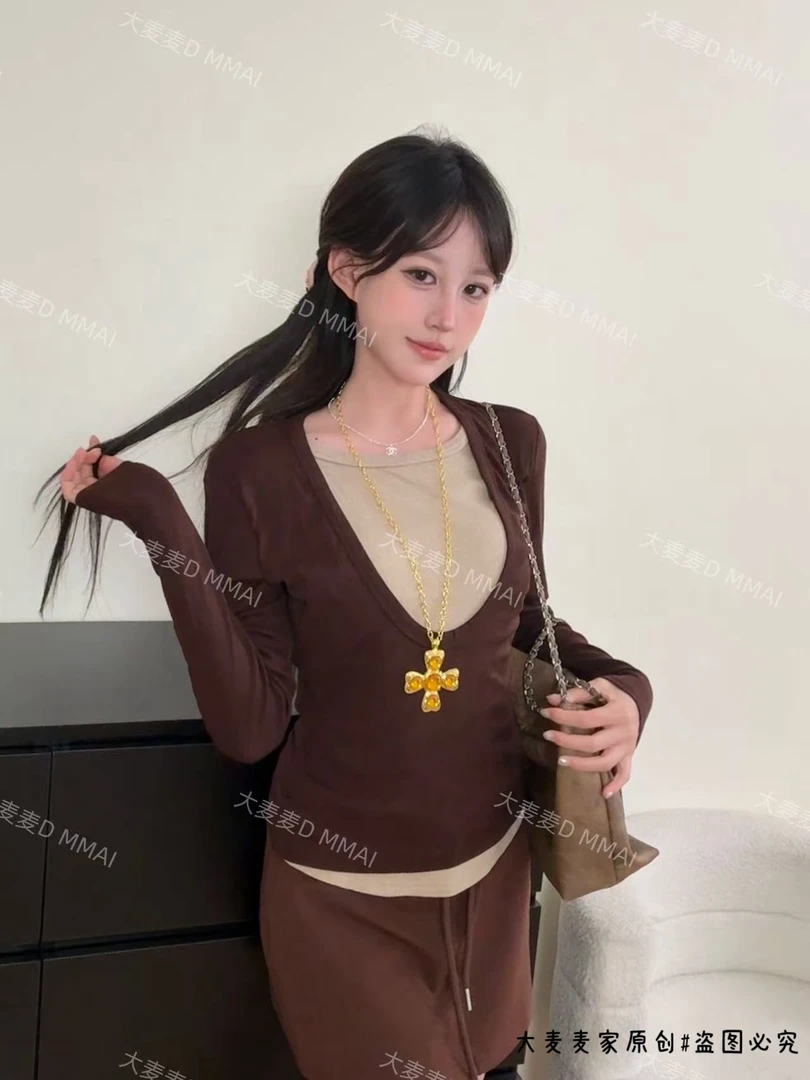 秋装毛绒韩系撞色内搭打底衫长袖t恤女假两件小众设计感修身上衣