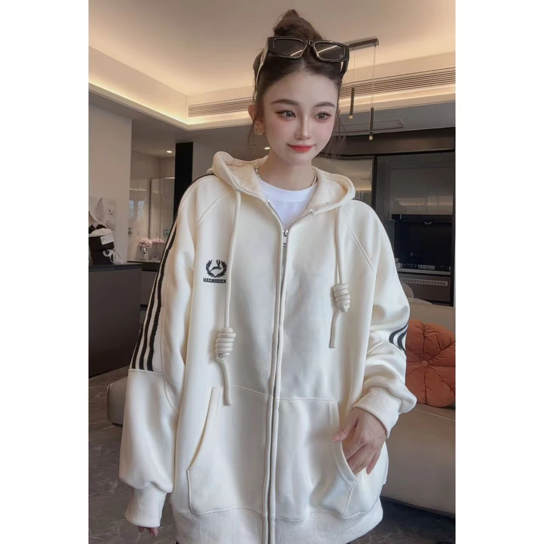 拉链卫衣女秋季2025新款韩版宽松三条杠条纹连帽开衫外套5006