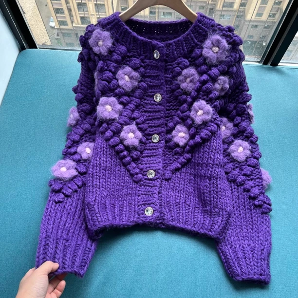 38号-紫色秋冬新款粗针手编毛衣开衫女手工立体钩花加厚针织外套