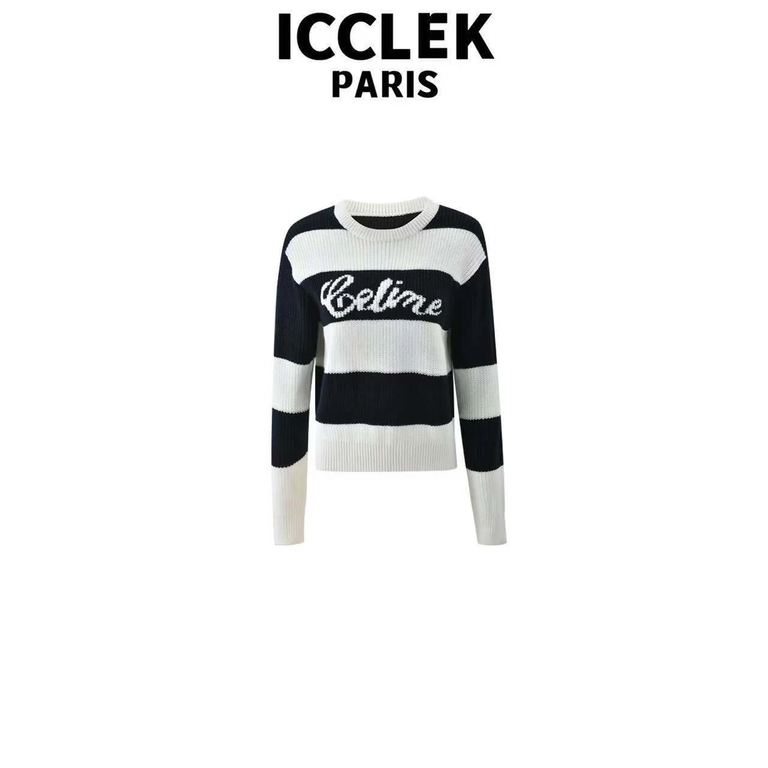 ICCLEK 藏蓝色条纹圆领字母针织衫轻奢名媛多巴胺风上衣 -9029