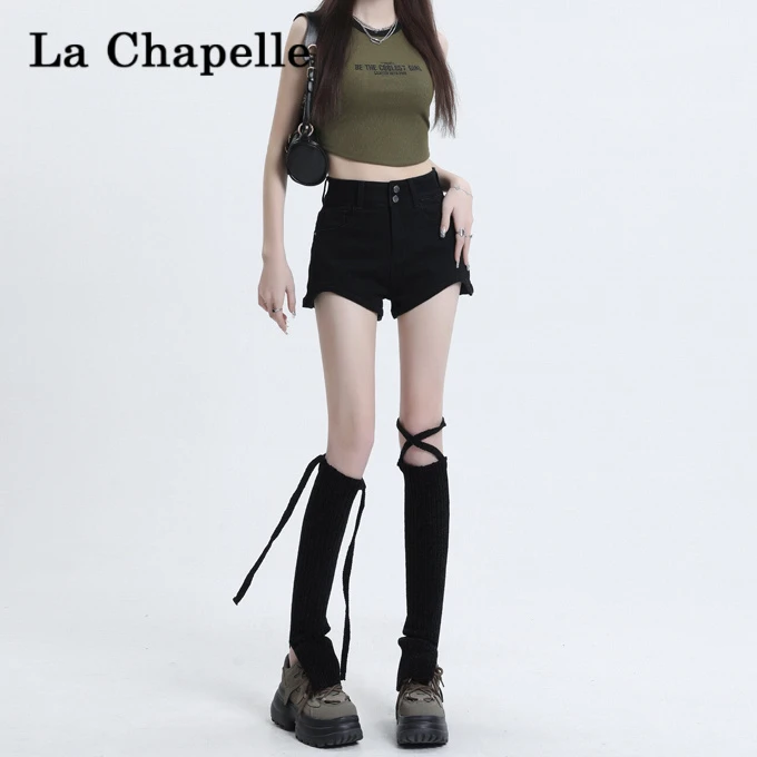拉夏贝尔黑色牛仔短裤女2024年新款夏季高腰显瘦a字辣妹美式热裤