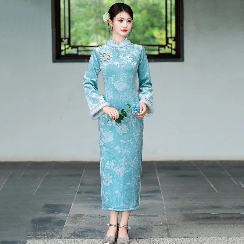 蓝色加绒加厚冬装国风中式长款长袖旗袍秋冬新款年轻款女复古冬