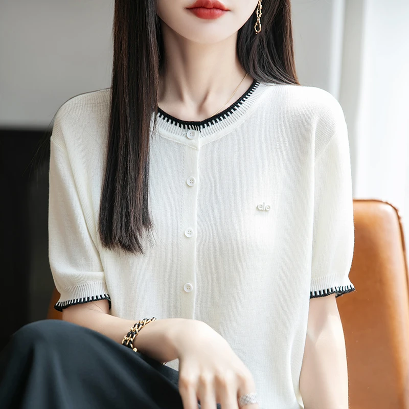 新款上市圆领针织开衫女短袖夏季薄款宽松洋气时尚显瘦内搭打底衫