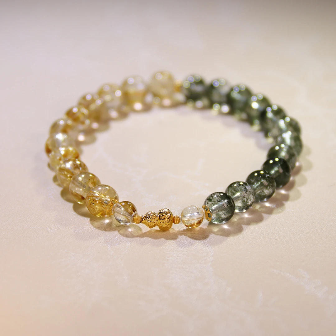 <金蛇献福>千层绿幽灵拼金钛晶卡7mm水晶手串+18K金