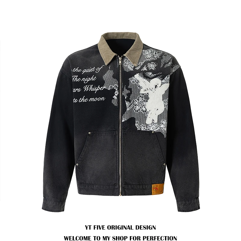 YTFIVE国潮牌美式复古蕾丝天使图案字母刺绣牛仔外套男女做旧夹克