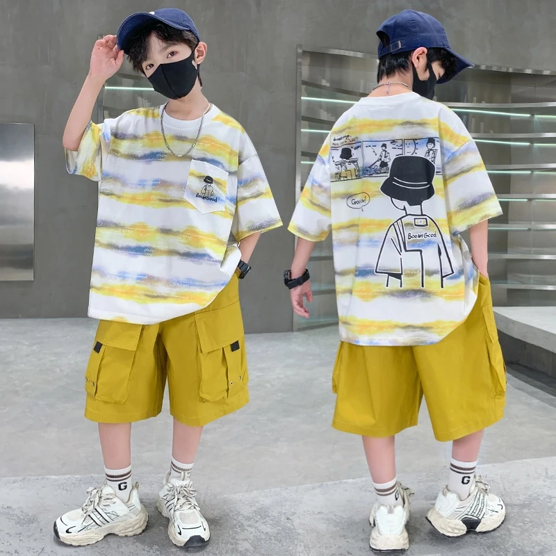 男童夏装新款条纹套装2025帅气儿童夏季中大童韩版宽松童装 8009