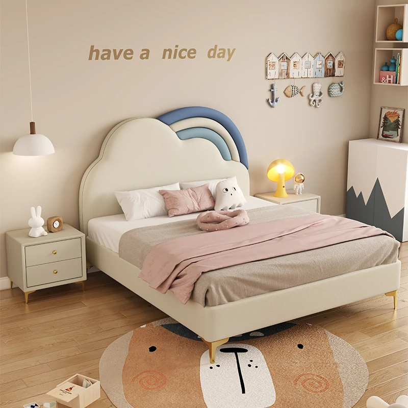 现代简约儿童床创意云朵软包床1.2男孩女孩皮艺床实木床