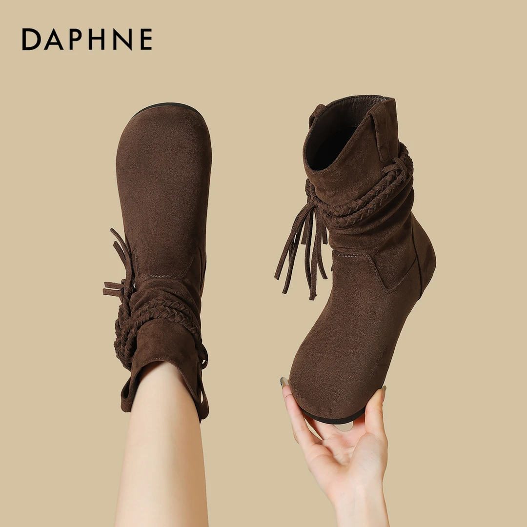 达芙妮复古西部牛仔靴女2025秋季新款内增高中筒马丁靴流苏时装靴