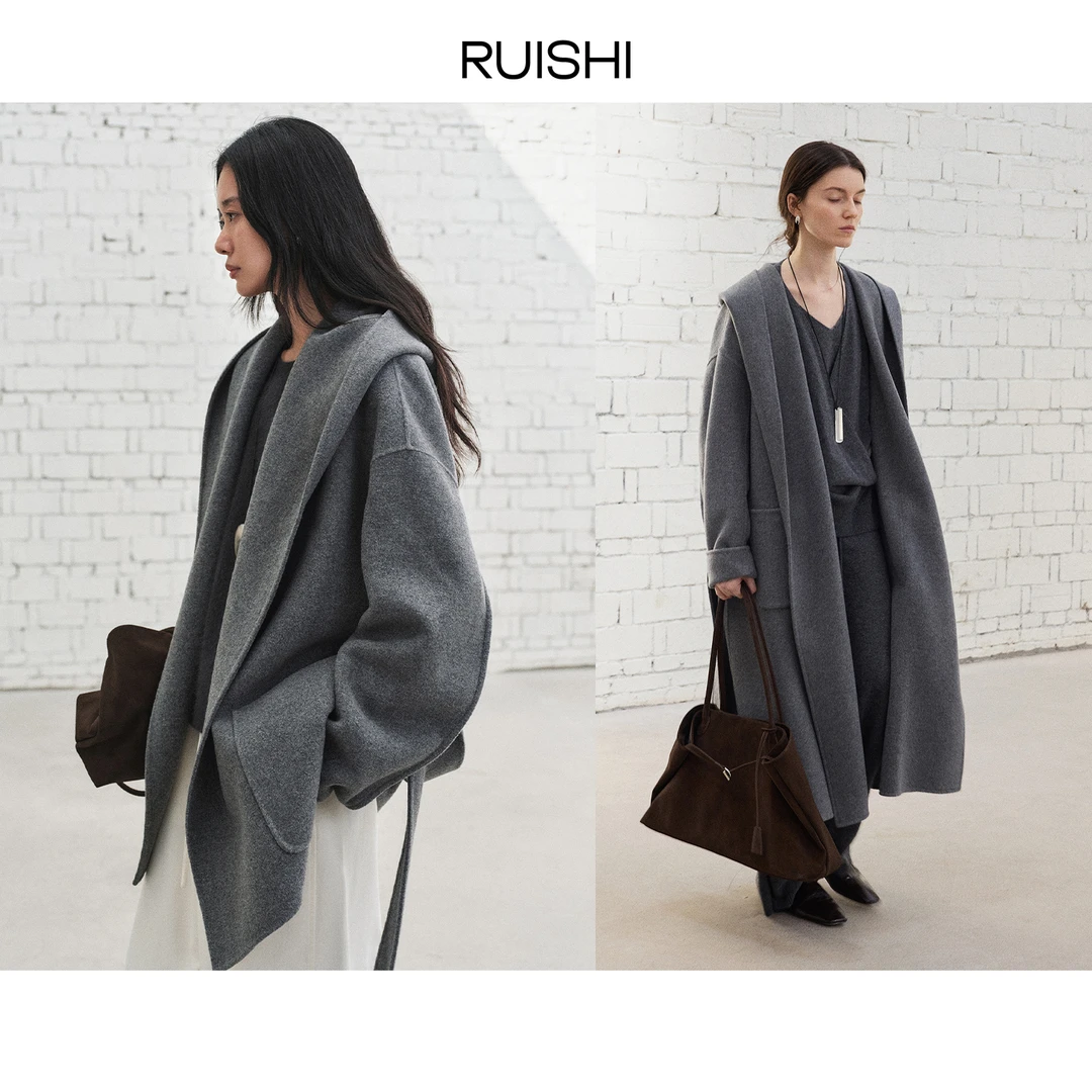 RUISHI芮时“暖绒絮语”经典浴袍式全羊毛长短款连帽大衣女秋冬