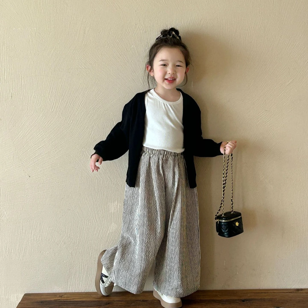 2025春女童韩系宽松纯色毛线开衫无扣款+休闲条纹裤