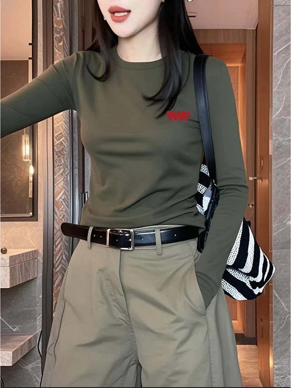 复古长袖打底衫正肩休闲早秋上衣ins女款圆领t恤修身外穿韩版百搭