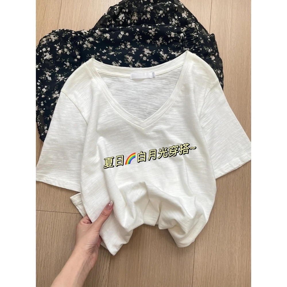 V领竹节棉短袖T恤女2025夏季韩系chic宽松慵懒感透气百搭打底上衣