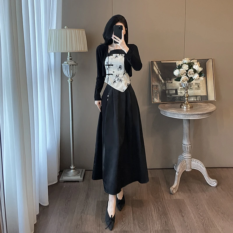 新中式国风三件套女装长袖内搭吊带裙子洋气时髦气质高级感套装